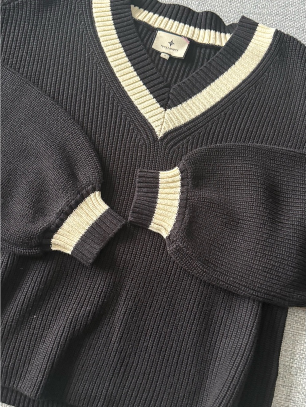 Tuckernuck Black V-Neck Sweater with Cream Trim - Picture 2 of 6